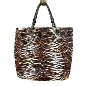 Tiger Print Maurizio Taiuti Made In Italy Hair On Leather Top Handle Satchel